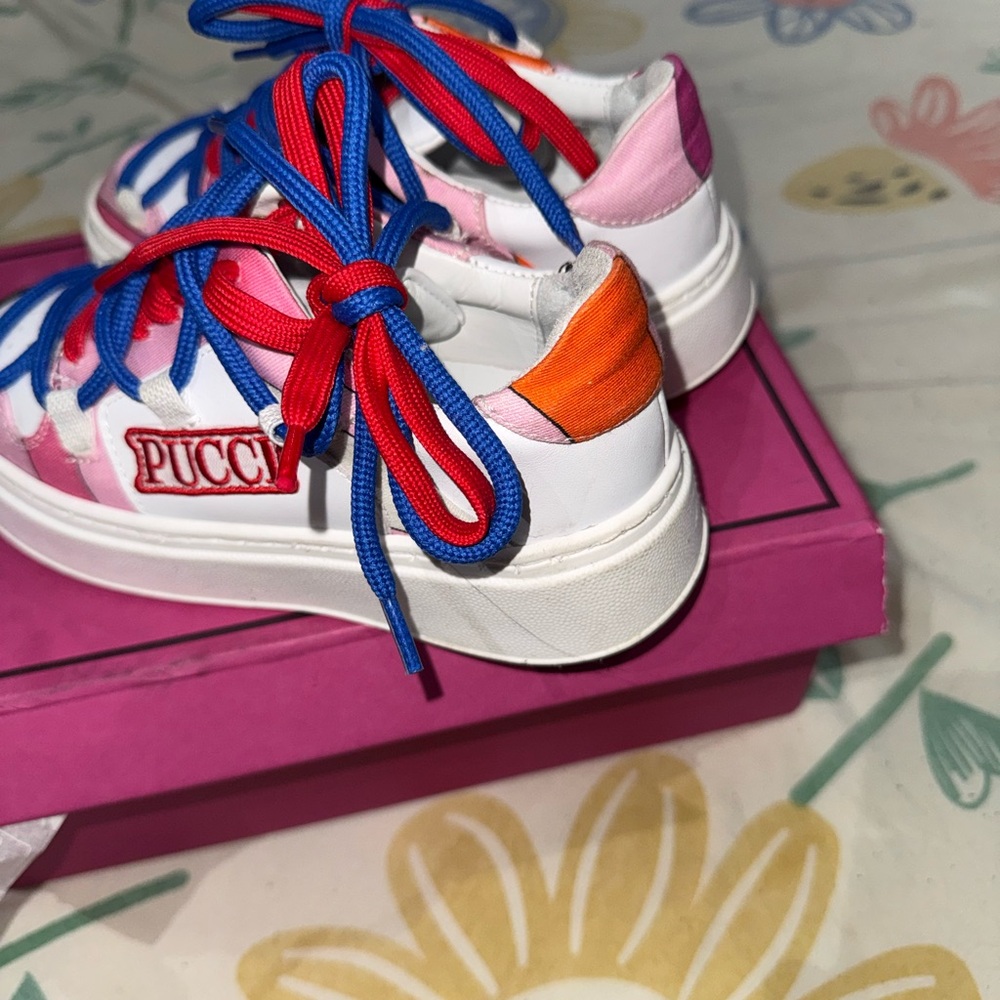 Emilio Pucci White Sneakers with Pink, Orange & Blue Accents